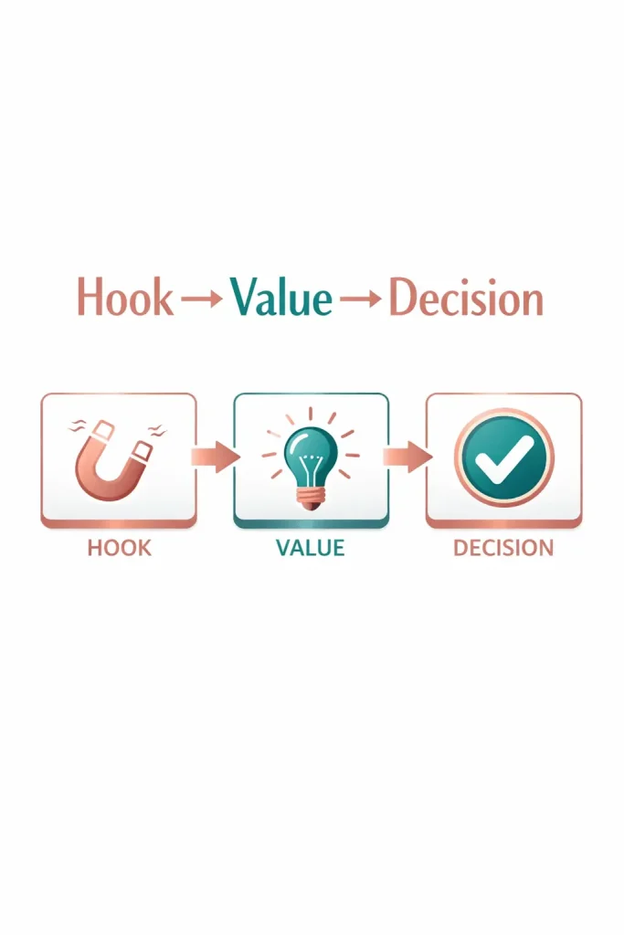 CONTENT CREATION WORKFLOW INFOGRAPHIC. THE PROCESS HOOK, VALUE AND DECISION. 