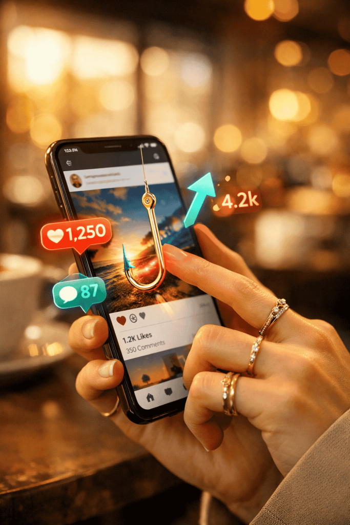 LADY HOLDING PHONE SHOW LIKES, COMMENTS AND SHARES  STRATEGIC CONTENT GET 30% ENGAGEMENT. 