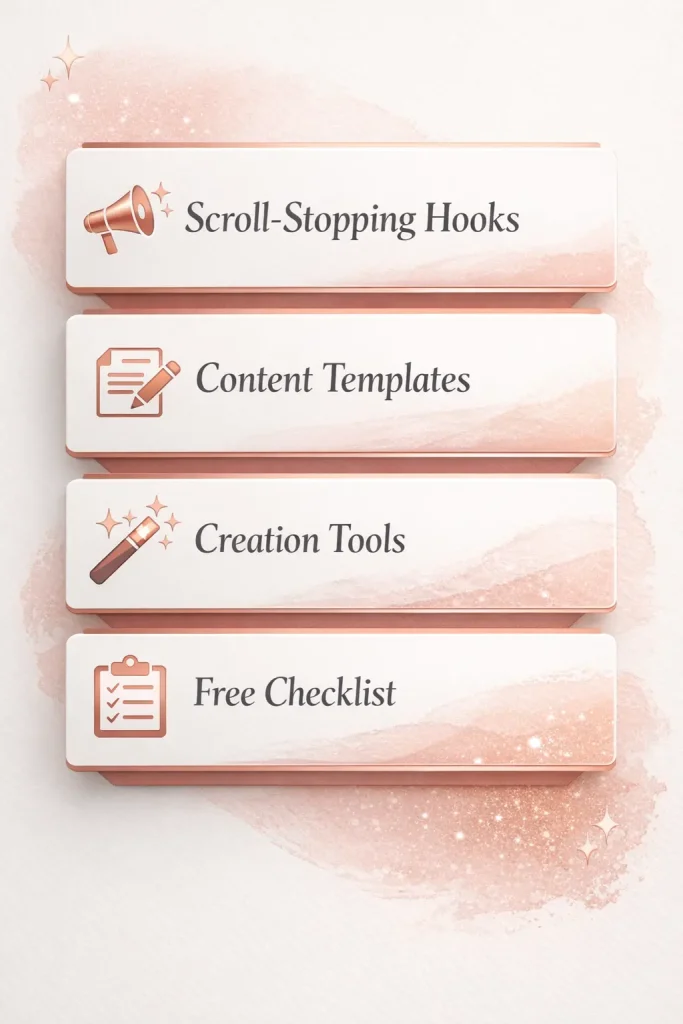 LinkedIn content ideas framework showing scroll-stopping hooks templates creation tools and free planning checklist