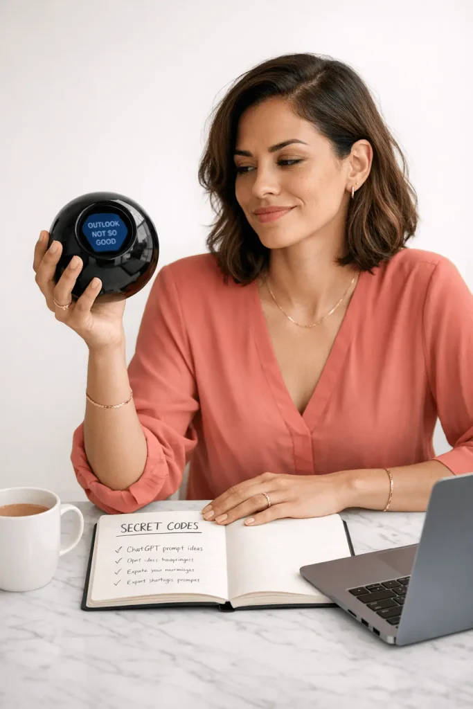 Professional woman in early 30s sitting at white marble desk holding vintage Magic 8-Ball toy with skeptical expression while comparing it to organized ChatGPT strategy notebook - minimalist workspace showing business owner learning AI content tools require knowledge and strategic prompts not wishful thinking or magic solutions.