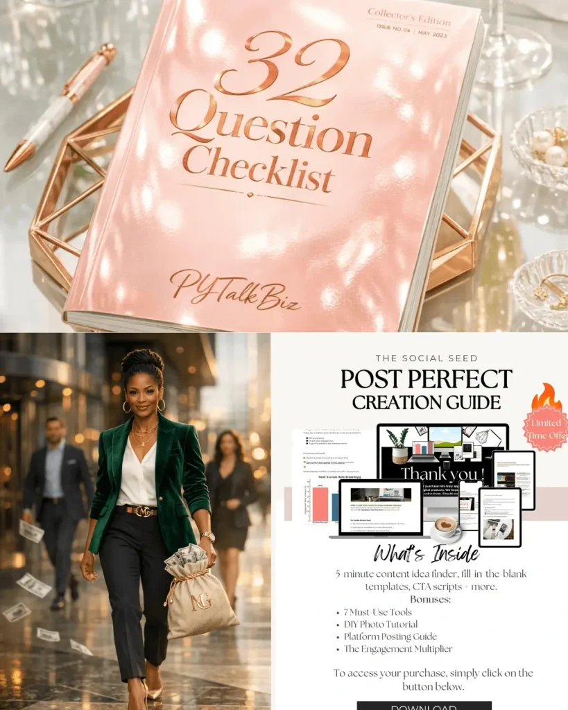 IMAGE OF 32 POINT-SCORING SYSTEM, POST PERFECT LINKEDIN EDITION AND PROFESSIONAL FEMALE BUSINESS WOMEN  WITH A BAG OF MONEY.