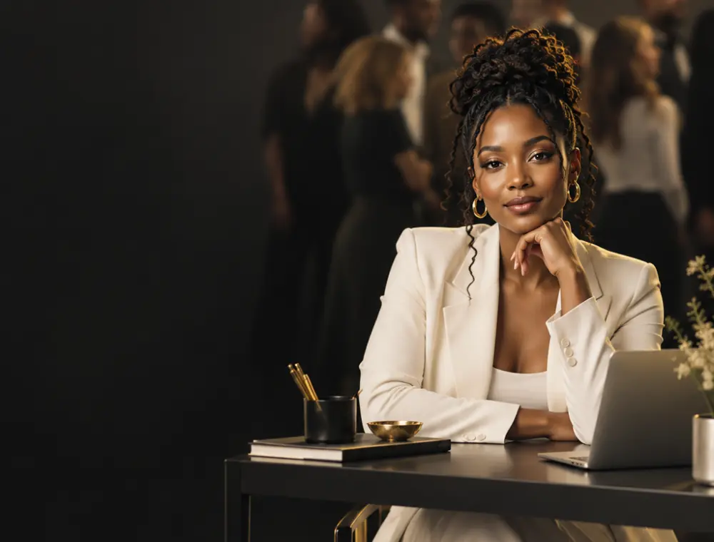 marketing resource hub Confident small business owner sitting at a desk, sharply in focus while a blurred crowd fades into the background, representing content marketing that speaks to one ideal customer instead of everyone.