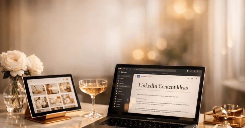 Workspace with laptop showing a LinkedIn post and checklist download — LinkedIn Content ideas for busy business owners.