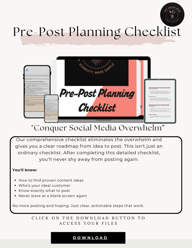Pre-Post Planning Checklist cover showing luxury coral watercolor book design with rose gold foil text on marble background - content strategy tool helping small business owners identify target audience and plan social media posts before publishing for maximum engagement.