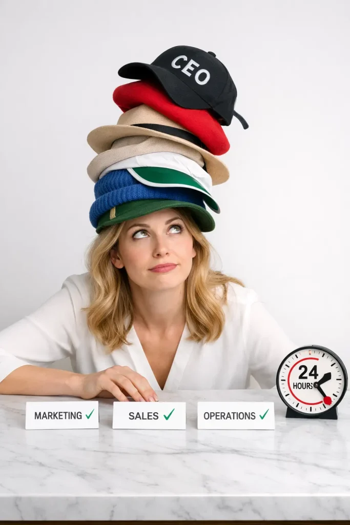 White woman entrepreneur in white blouse balancing tall precarious stack of multiple colorful hats on head representing business roles - CEO baseball cap on top, red beret for marketing, beige fedora, navy beanie, green visor stacked high - looking up with overwhelmed but humorous expression - three white cards on marble desk labeled Marketing, Sales, Operations with green checkmarks - clock showing 24 hours with red circle - visual metaphor for small business owners juggling many responsibilities with limited time.