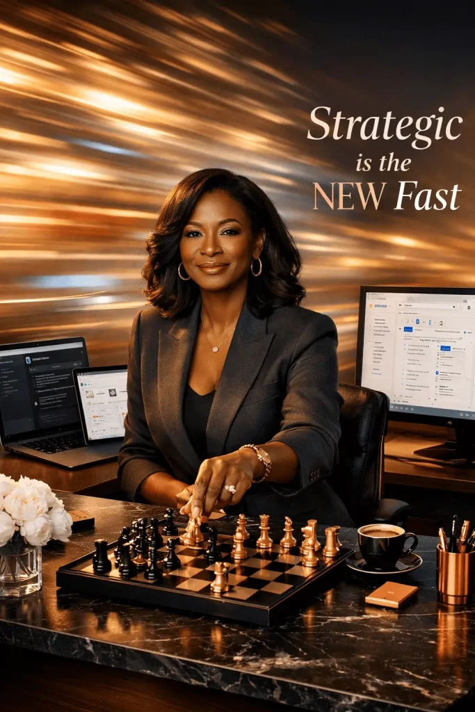PROFESSIONAL AFRICAN WOMAN FEMALE SITTING TO HER DESK WITH A CHESS BOARD. SIGN DISPLAY STRATEGIC IS THE NEW FAST. HOW TO PLAY THE GAME OF BUSINESS GROWTH