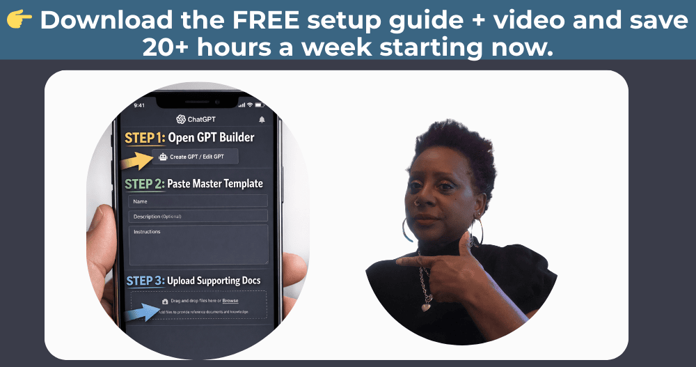 ChatGPT custom GPT setup screen showing how to name your automation assistant and begin training your AI brain