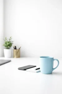 Minimal desk workspace with coffee cup representing small business AI automation