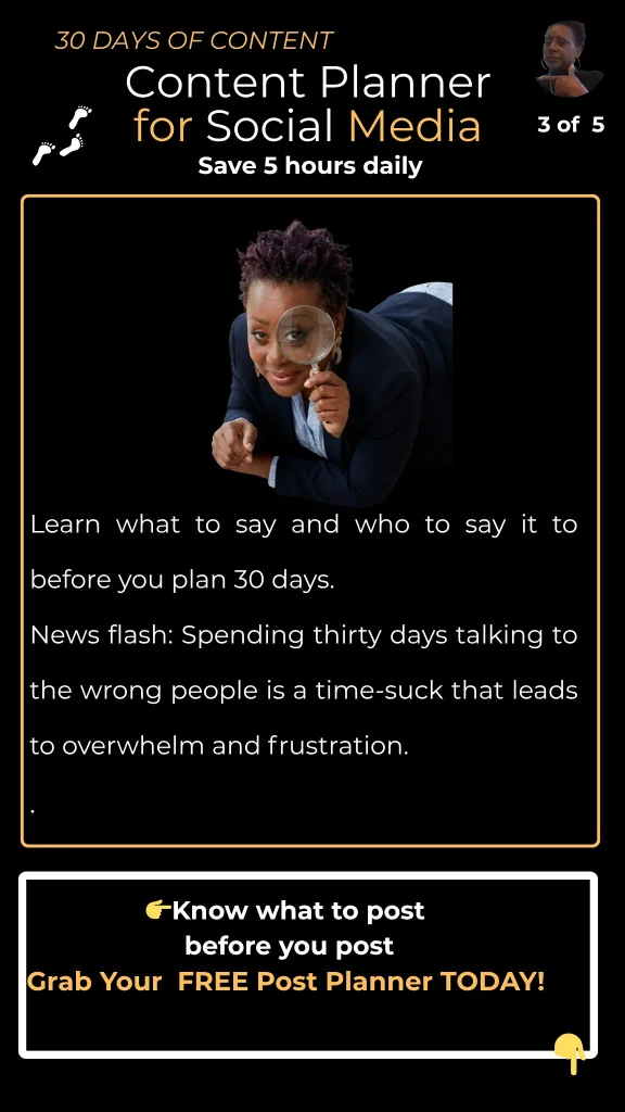 Content planner for social media showing how to plan 30 days of content and save time by targeting the right audience