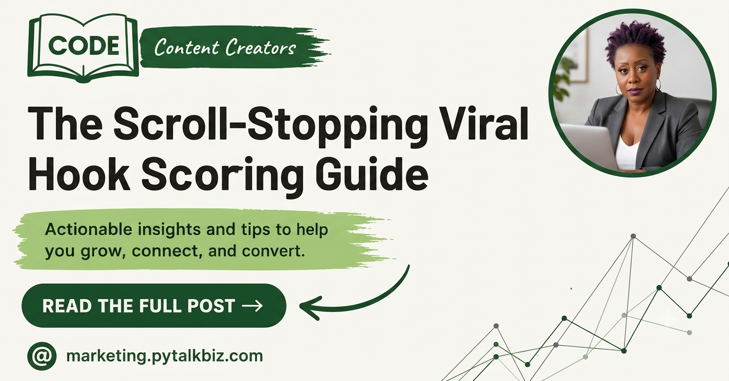 Scroll-Stopping Viral Hook Scoring Guide, turn 1 idea into scroll-stopping content posts by PY PYTalkBiz Description: Scroll-Stopping Viral Hook Scoring Guide featured graphic. Learn the exact 7-point system to score your hooks before you post, so every piece of content earns the click instead of getting scrolled past.